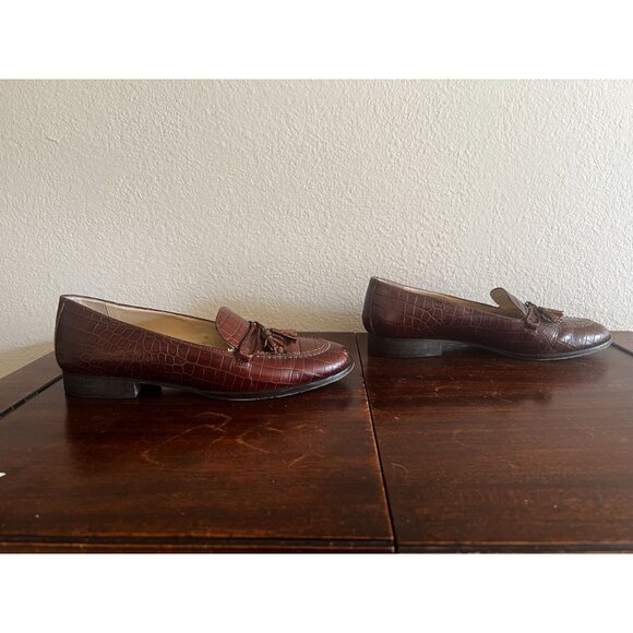 Talbots Womens Loafers Shoes Sz 7M Brown Tassel Leather Croc Embossed Italy - Picture 10 of 14